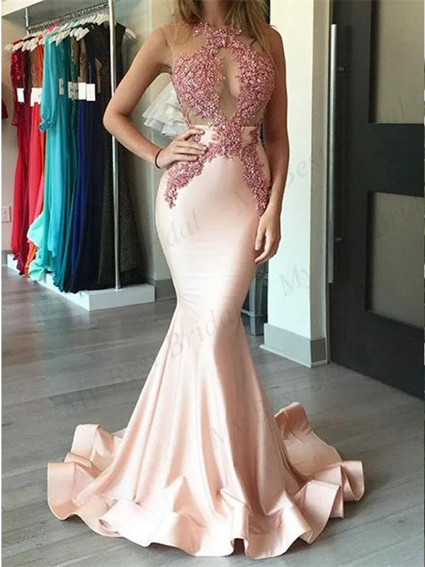 Mermaid Pink Applique Evening DressesWith Ruffles ,Cheap Prom Dresses,PDY0575