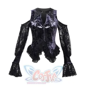 Moonlit Devotion Velvet Embroidered Pointed Neck Lace Flared Sleeve Gothic Top