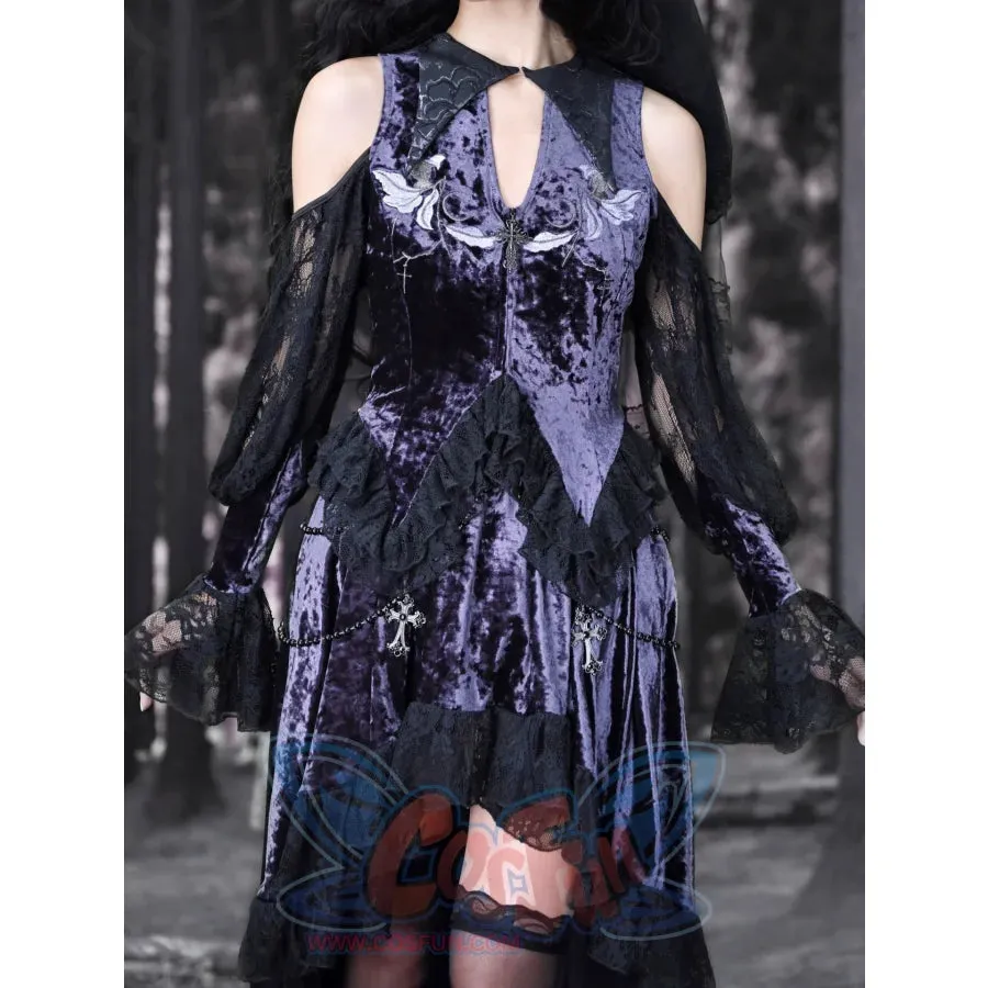 Moonlit Devotion Velvet Embroidered Pointed Neck Lace Flared Sleeve Gothic Top