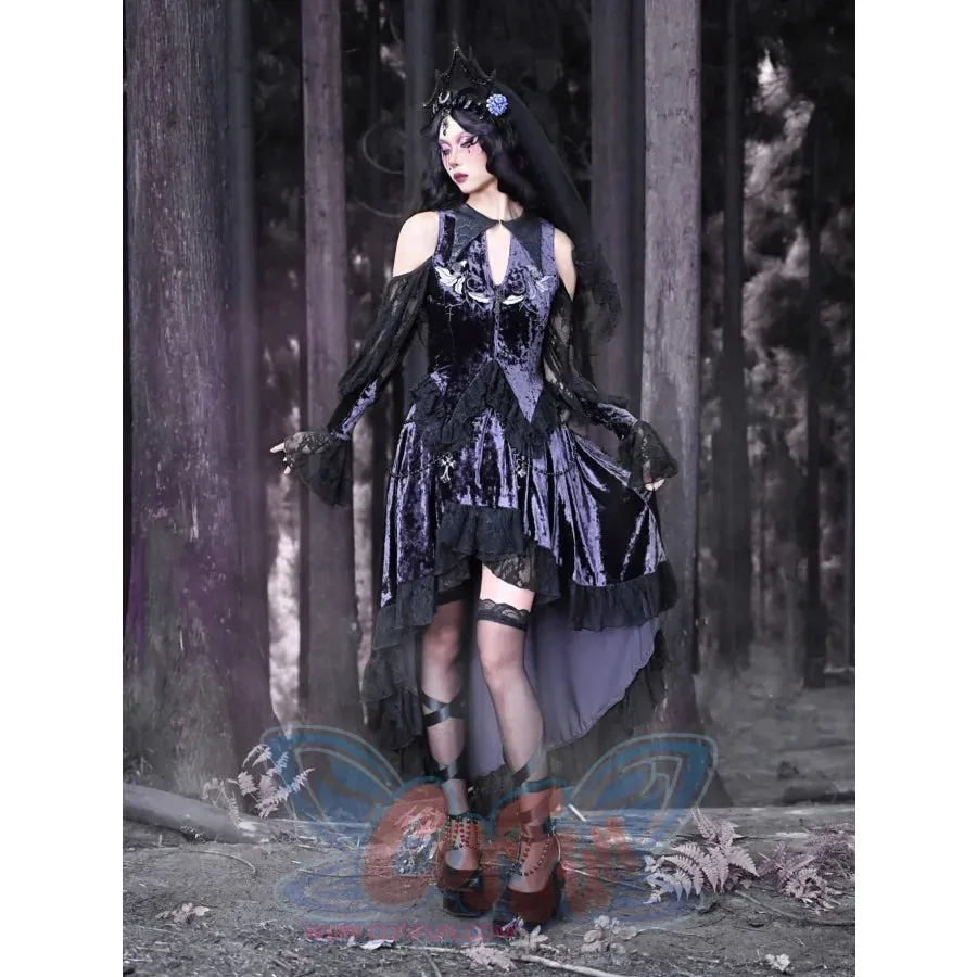 Moonlit Devotion Velvet Embroidered Pointed Neck Lace Flared Sleeve Gothic Top