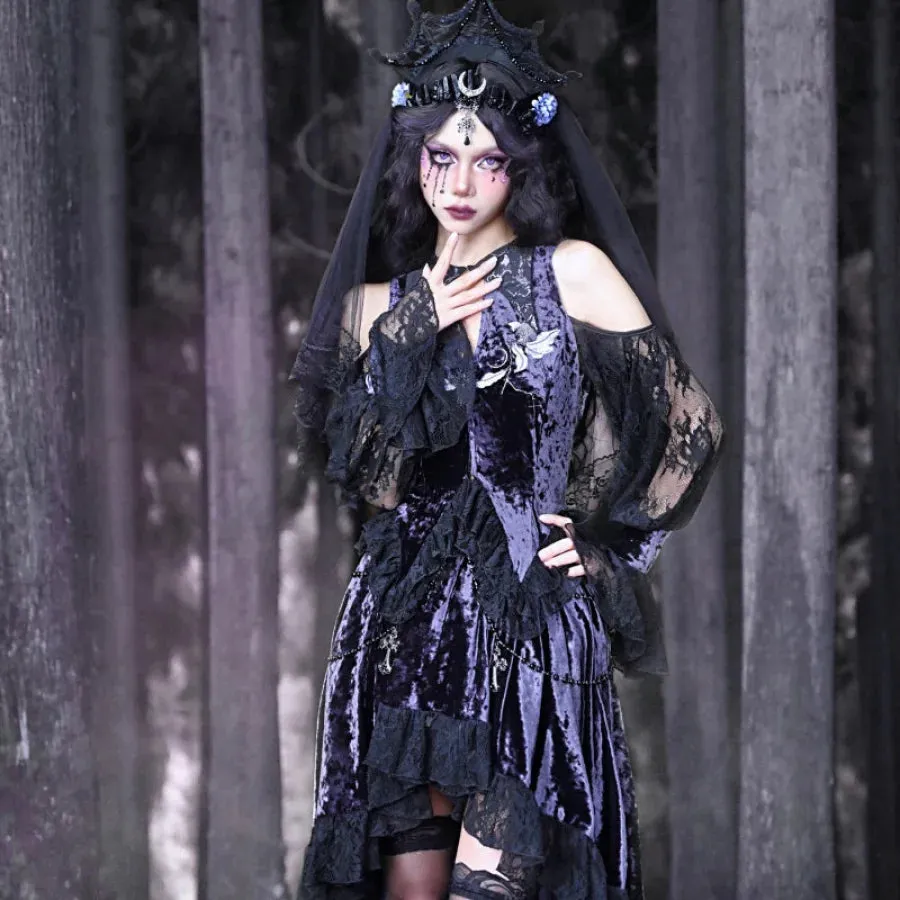 Moonlit Devotion Velvet Embroidered Pointed Neck Lace Flared Sleeve Gothic Top