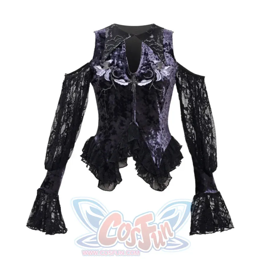 Moonlit Devotion Velvet Embroidered Pointed Neck Lace Flared Sleeve Gothic Top