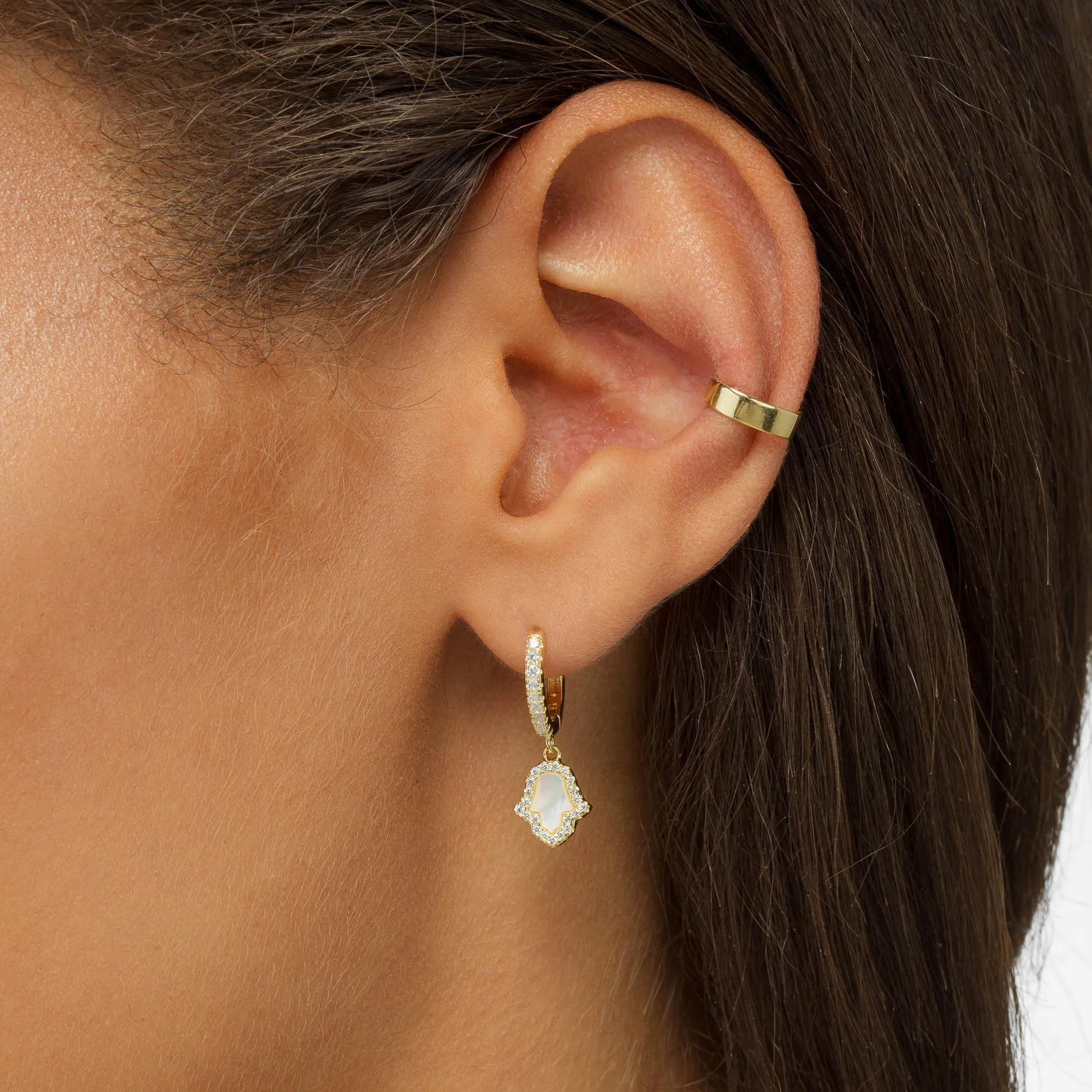Mother of Pearl Hamsa Huggie Earring