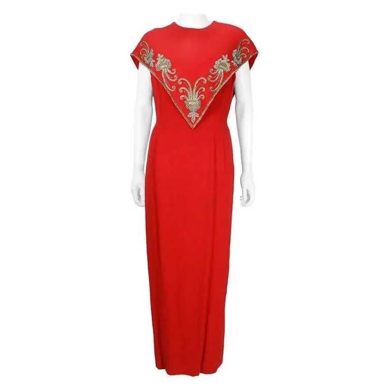 Mr. Blackwell Embellished Red Gown and Matching Caplet | Size M