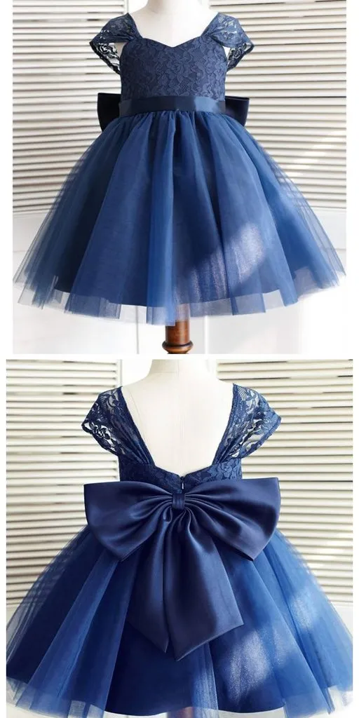 Navy Blue Cap Sleeves Lace Flower Girl Dresses,Cheap Toddler Flower Girl Dresses,FGY0193