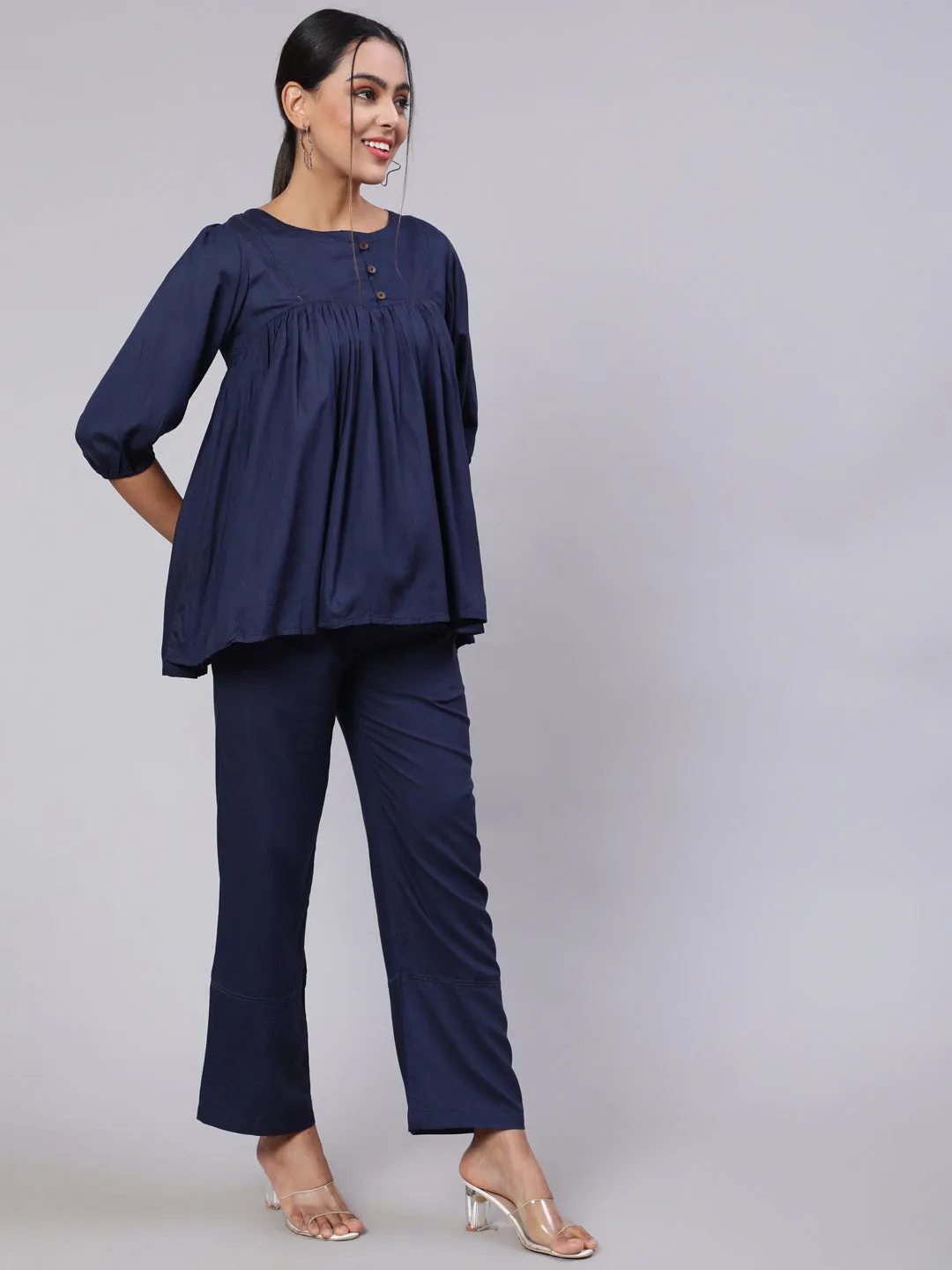 Navy Blue Gathered Top With Solid Palazzo