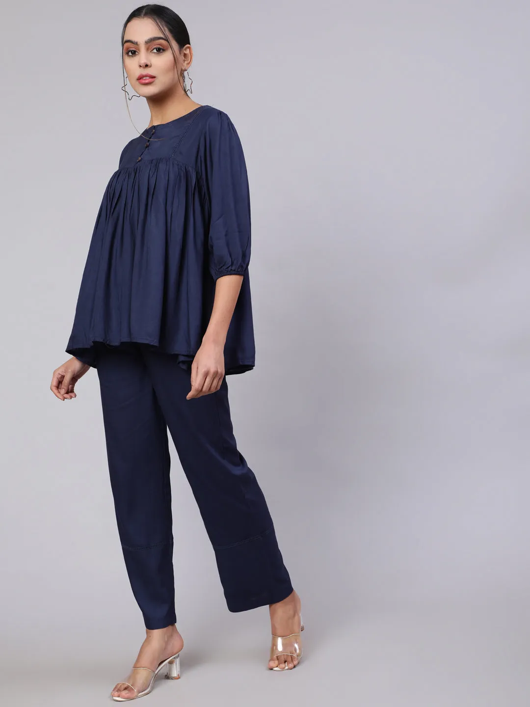 Navy Blue Gathered Top With Solid Palazzo