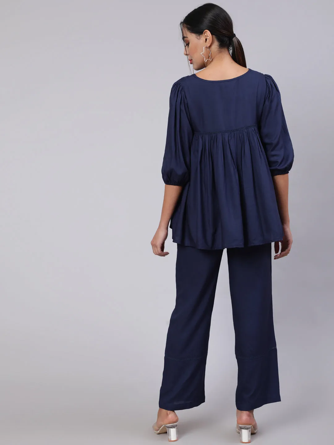 Navy Blue Gathered Top With Solid Palazzo