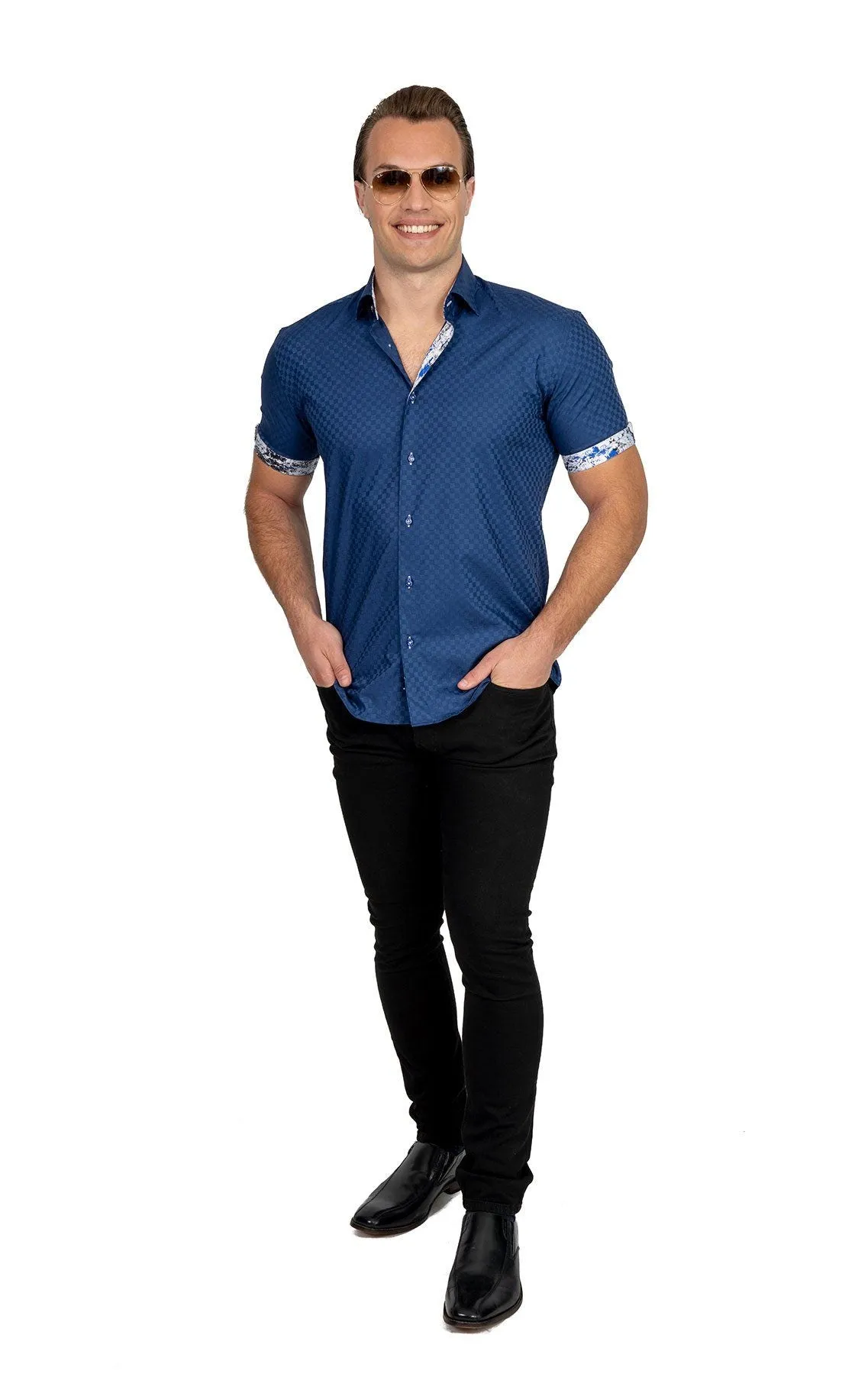 Navy Checkered Short Sleeve Shirt