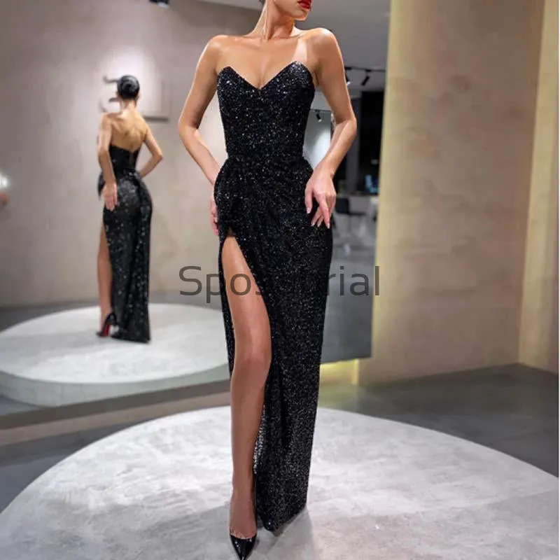 New Arrival Black Sequin Mermaid Sexy Strapless Sleeveless Split Prom Dresses PD2059