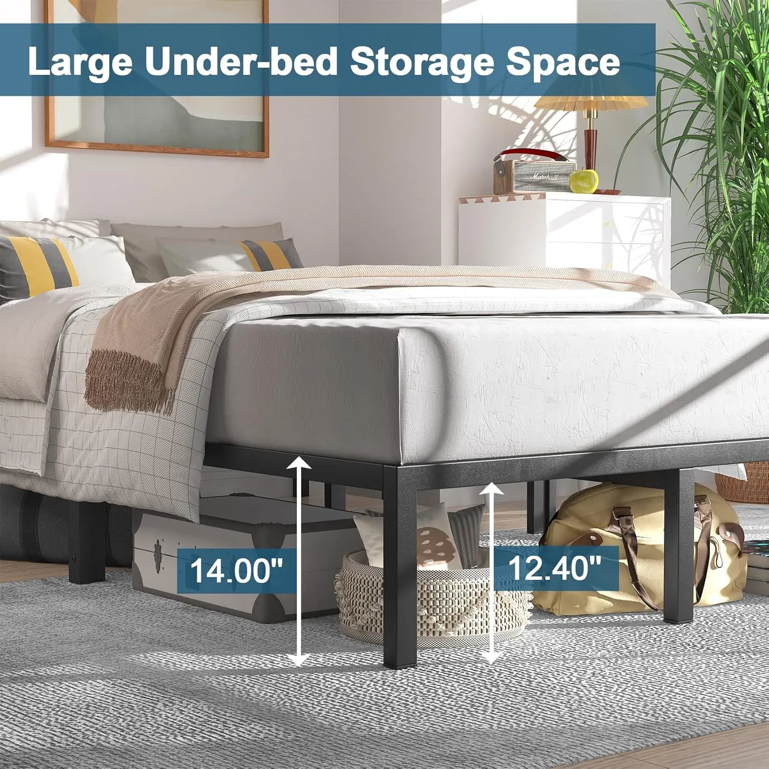 NEW Retails $140 Mr IRONSTONE Full Bed Frame, 14 Inch Metal Platform 1600lb Load-Bearing Heavy Duty Steel Slat Support with Large Storage Space, Anti-Noise Foam Stickers, No Box Spring Needed, Non-Slip, Easy Assembly