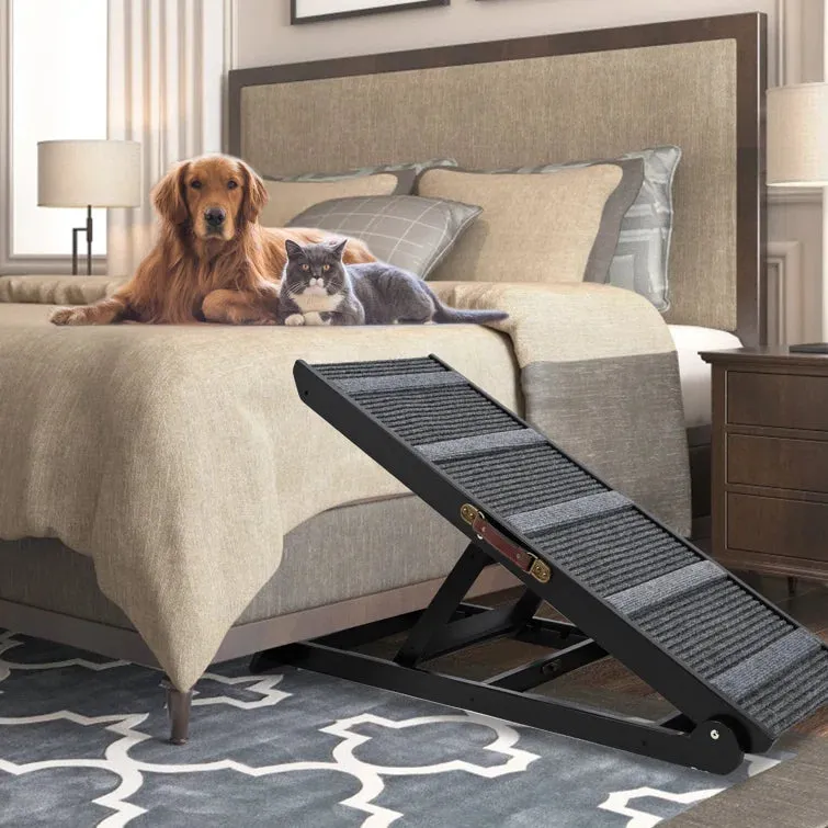 NEW Tucker Murphy Pet Adjustable Foldable Wooden Pet Ramp with non slip paw traction mat For Small & Large Dogs & Cats! Great For Bed, Sofa or Car! Supports up to 200Lb weight - Retails for $209 !