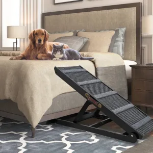 NEW Tucker Murphy Pet Adjustable Foldable Wooden Pet Ramp with non slip paw traction mat For Small & Large Dogs & Cats! Great For Bed, Sofa or Car! Supports up to 200Lb weight - Retails for $209 !