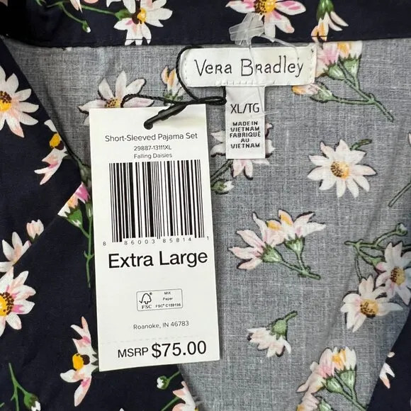 NEW Vera Bradley Short-Sleeved Pajama Set in Navy Daisy Floral