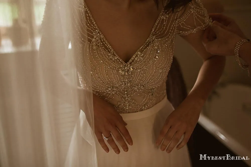 Newest Cap Sleeves A-line Beaded Tulle Gorgeous Long Cheap Wedding Dresses, TYP0097