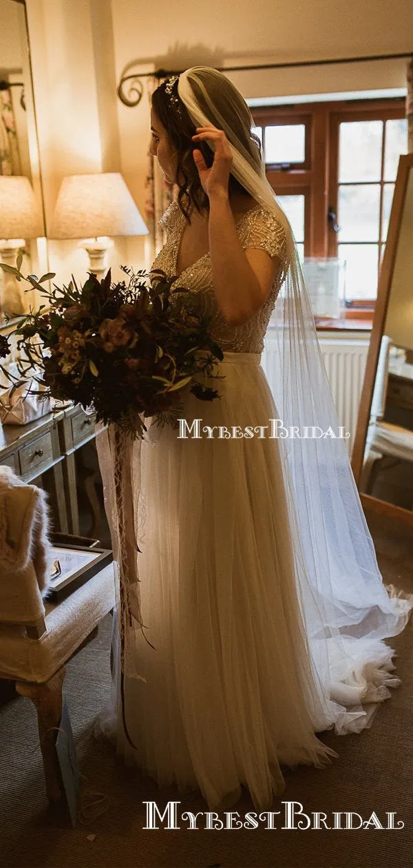 Newest Cap Sleeves A-line Beaded Tulle Gorgeous Long Cheap Wedding Dresses, TYP0097