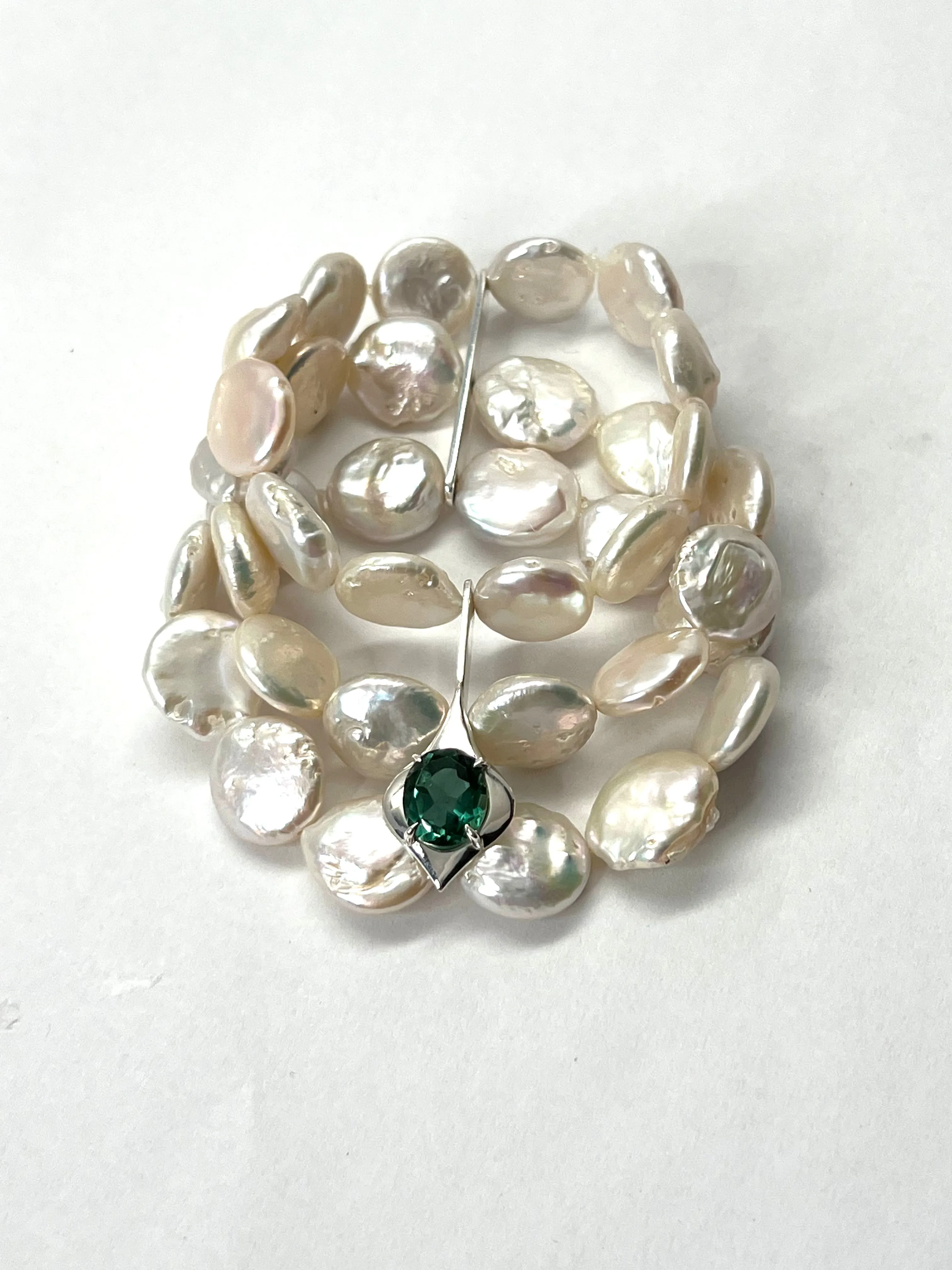 NTC Triple Strand Coin Pearl Bracelet with Green Quartz