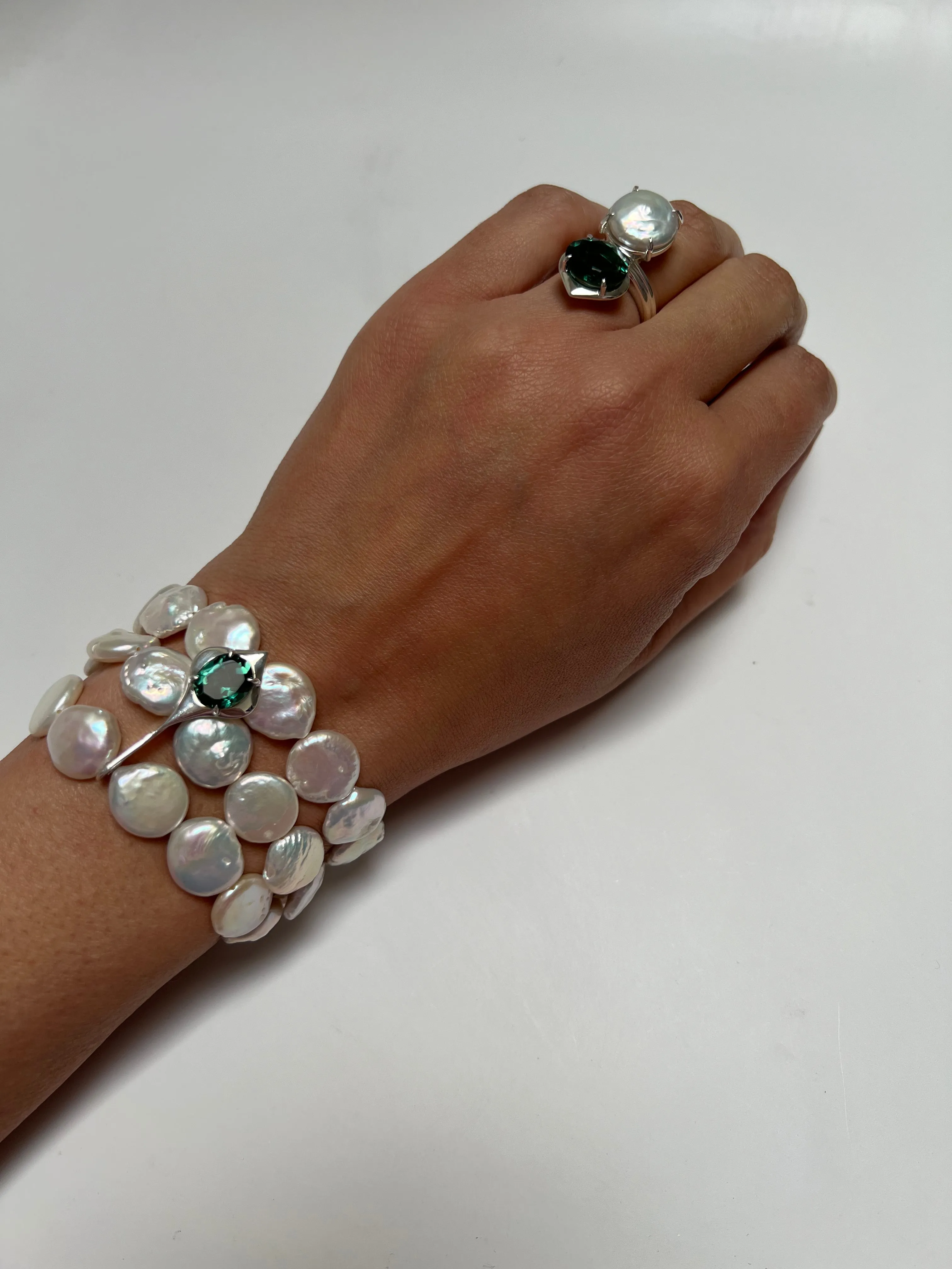 NTC Triple Strand Coin Pearl Bracelet with Green Quartz