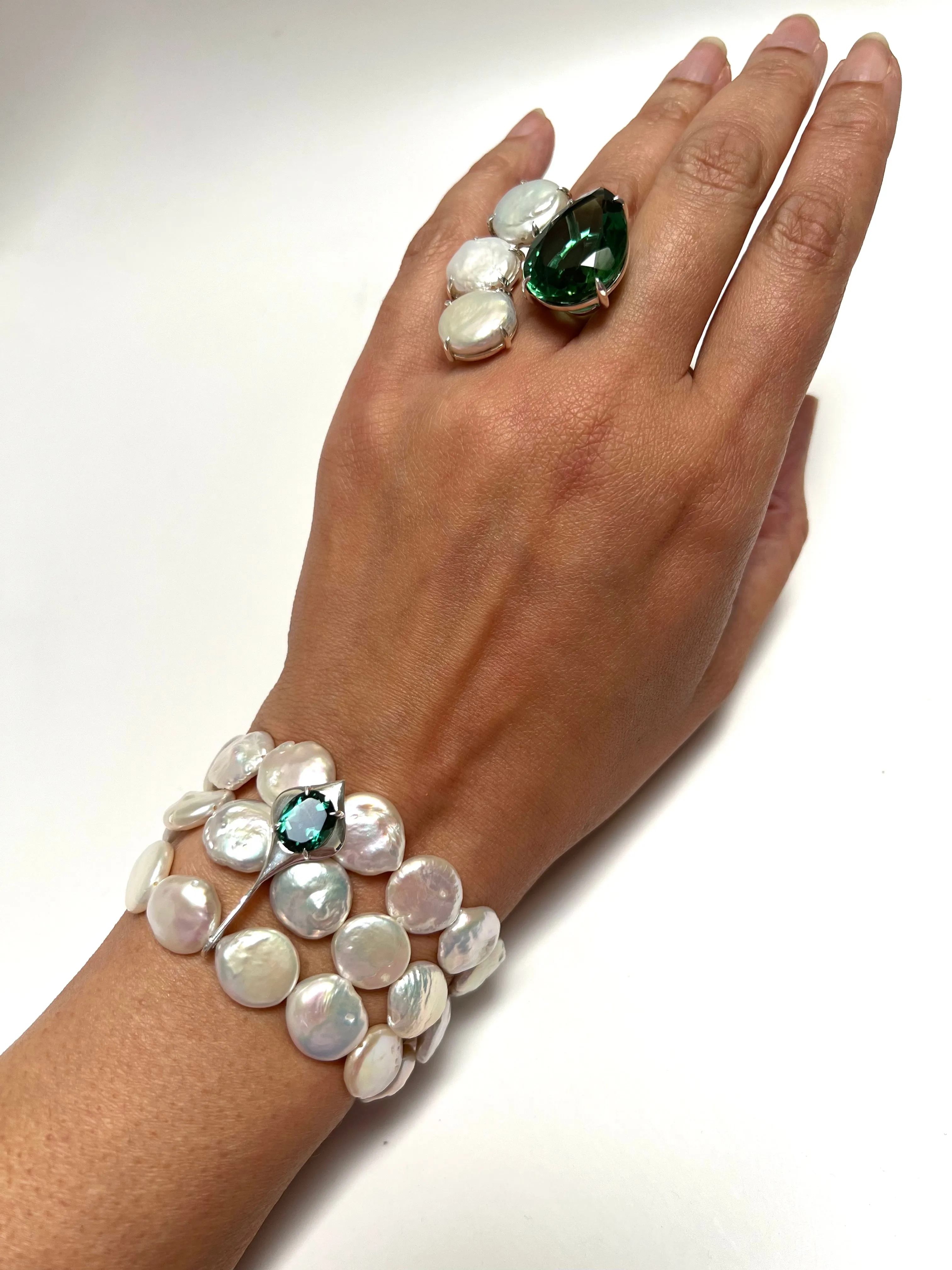 NTC Triple Strand Coin Pearl Bracelet with Green Quartz