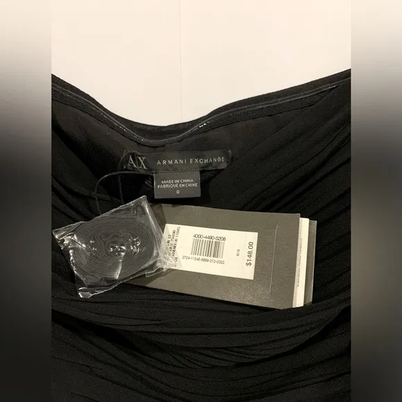 NWT, Armani Exchange, Black Strapless Mini Dress w/ Shiny Skirt &amp; Pockets, Sz 0