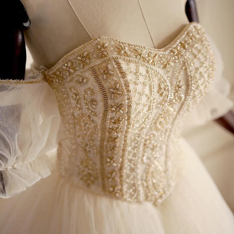 Off Shoulder Beaded A-line Lace Long Custom Cheap Wedding Bridal Dresses, WDY0171