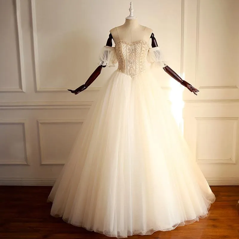 Off Shoulder Beaded A-line Lace Long Custom Cheap Wedding Bridal Dresses, WDY0171