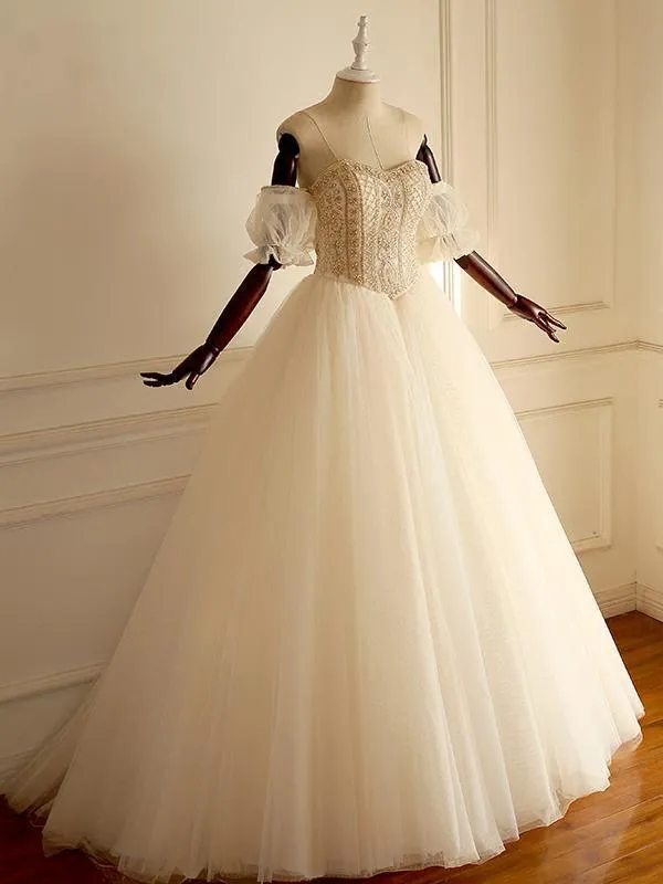 Off Shoulder Beaded A-line Lace Long Custom Cheap Wedding Bridal Dresses, WDY0171