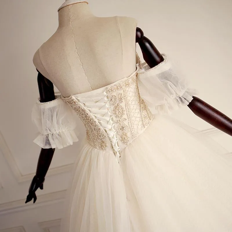 Off Shoulder Beaded A-line Lace Long Custom Cheap Wedding Bridal Dresses, WDY0171