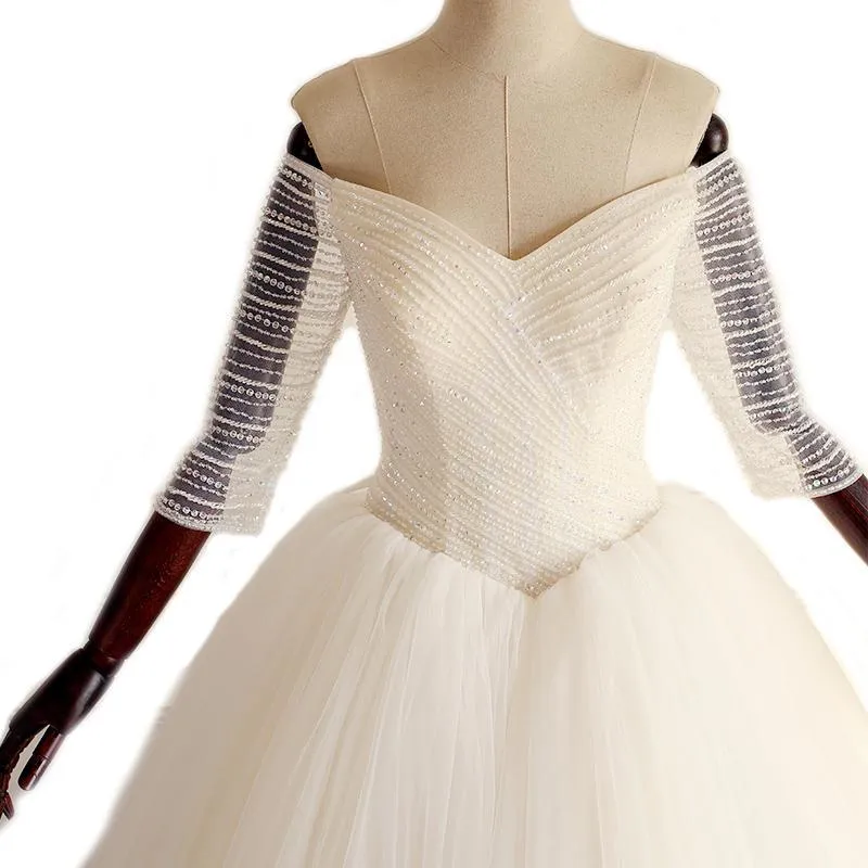 Off Shoulder Long Sleeve Beaded A-line Lace Long Custom Cheap Wedding Dresses,WDY0172