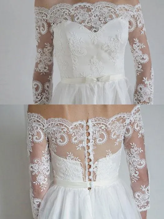 Off Shoulder Long Sleeve Lace A-line Cheap Wedding Dresses Online, WDY0205