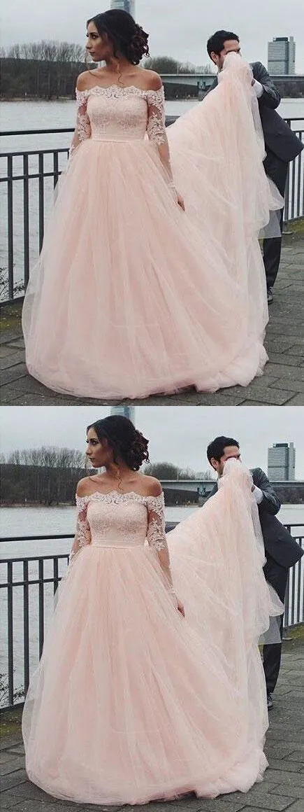Off Shoulder Long Sleeve Pink A-line Wedding Dresses Online, WD344
