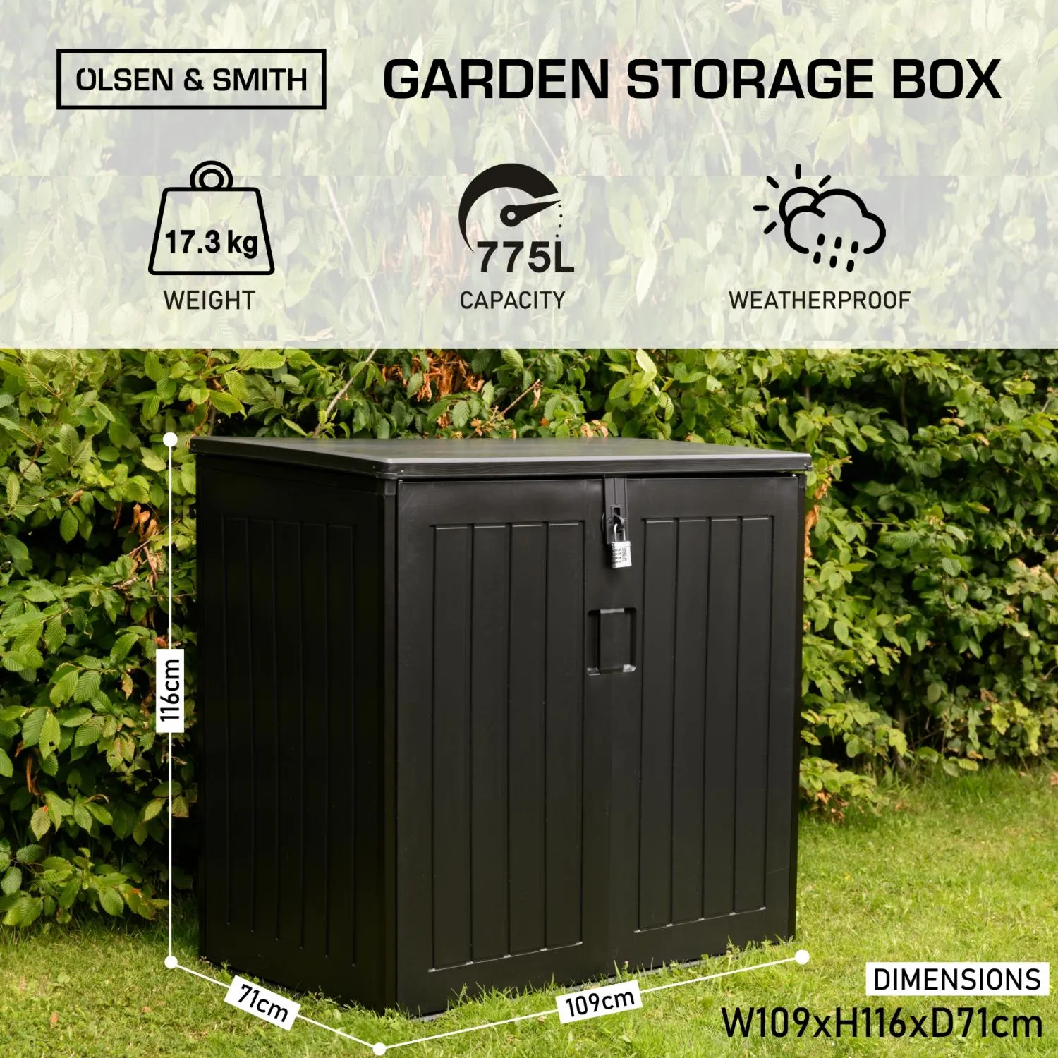 Olsen & Smith MASSIVE Capacity 775L Outdoor Garden Storage Box Plastic Shed Garbage - Weatherproof with Wood Effect