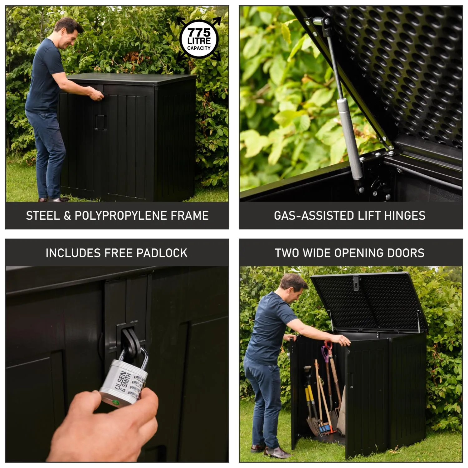 Olsen & Smith MASSIVE Capacity 775L Outdoor Garden Storage Box Plastic Shed Garbage - Weatherproof with Wood Effect