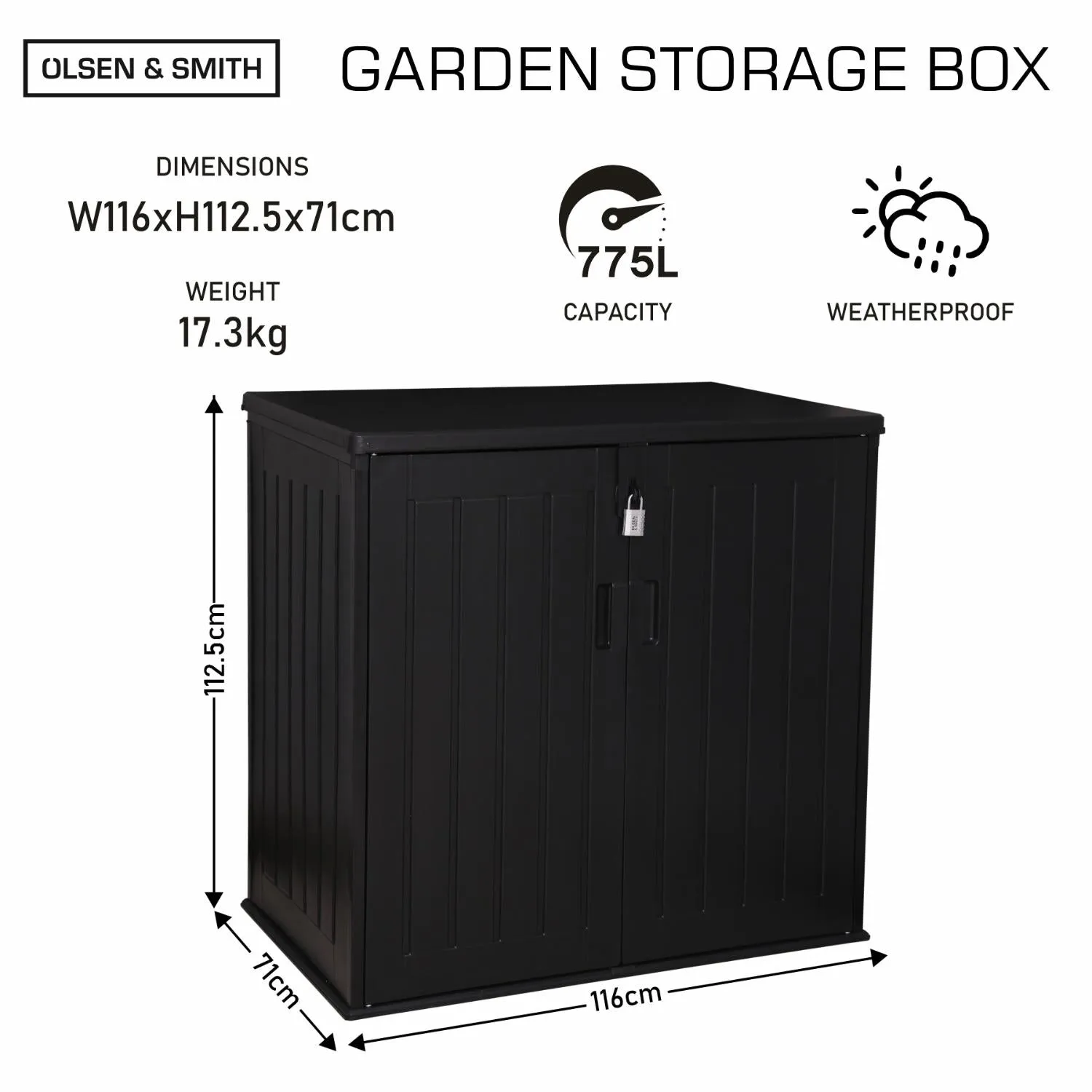 Olsen & Smith MASSIVE Capacity 775L Outdoor Garden Storage Box Plastic Shed Garbage - Weatherproof with Wood Effect