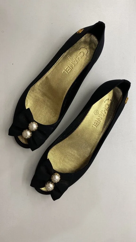 Pearl Bow Peep Toe Flats (38.5)