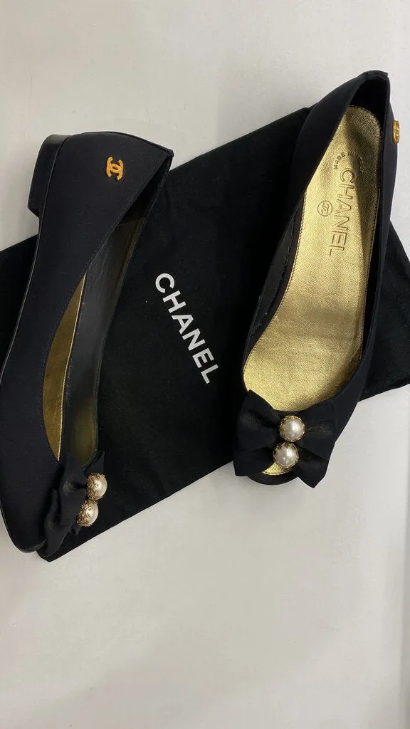 Pearl Bow Peep Toe Flats (38.5)