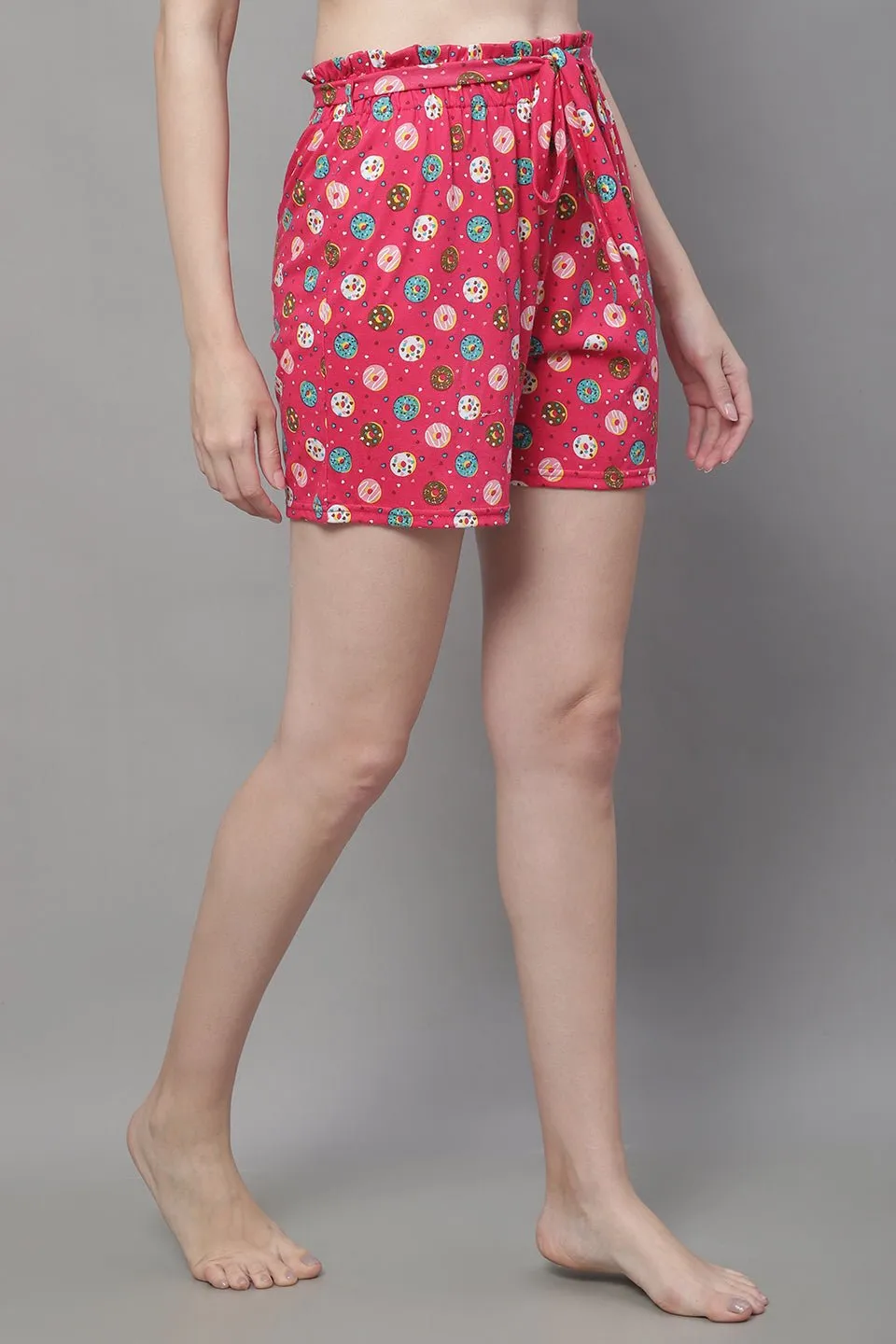 Pink Color Abstract Printed Cotton Lounge Shorts