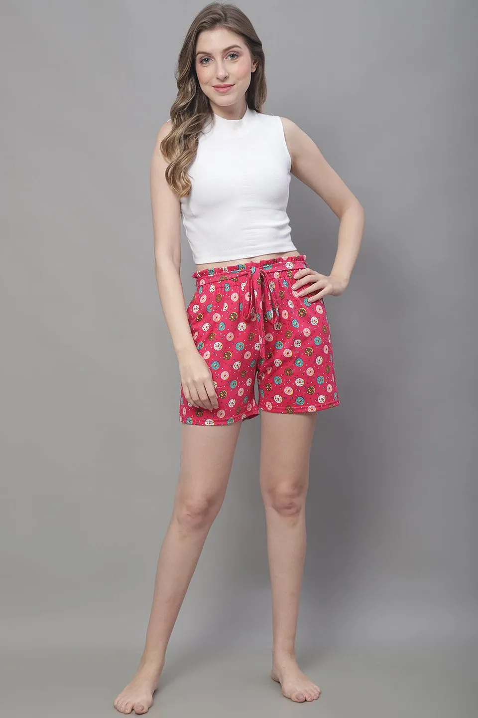 Pink Color Abstract Printed Cotton Lounge Shorts