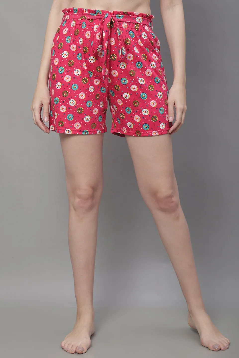 Pink Color Abstract Printed Cotton Lounge Shorts