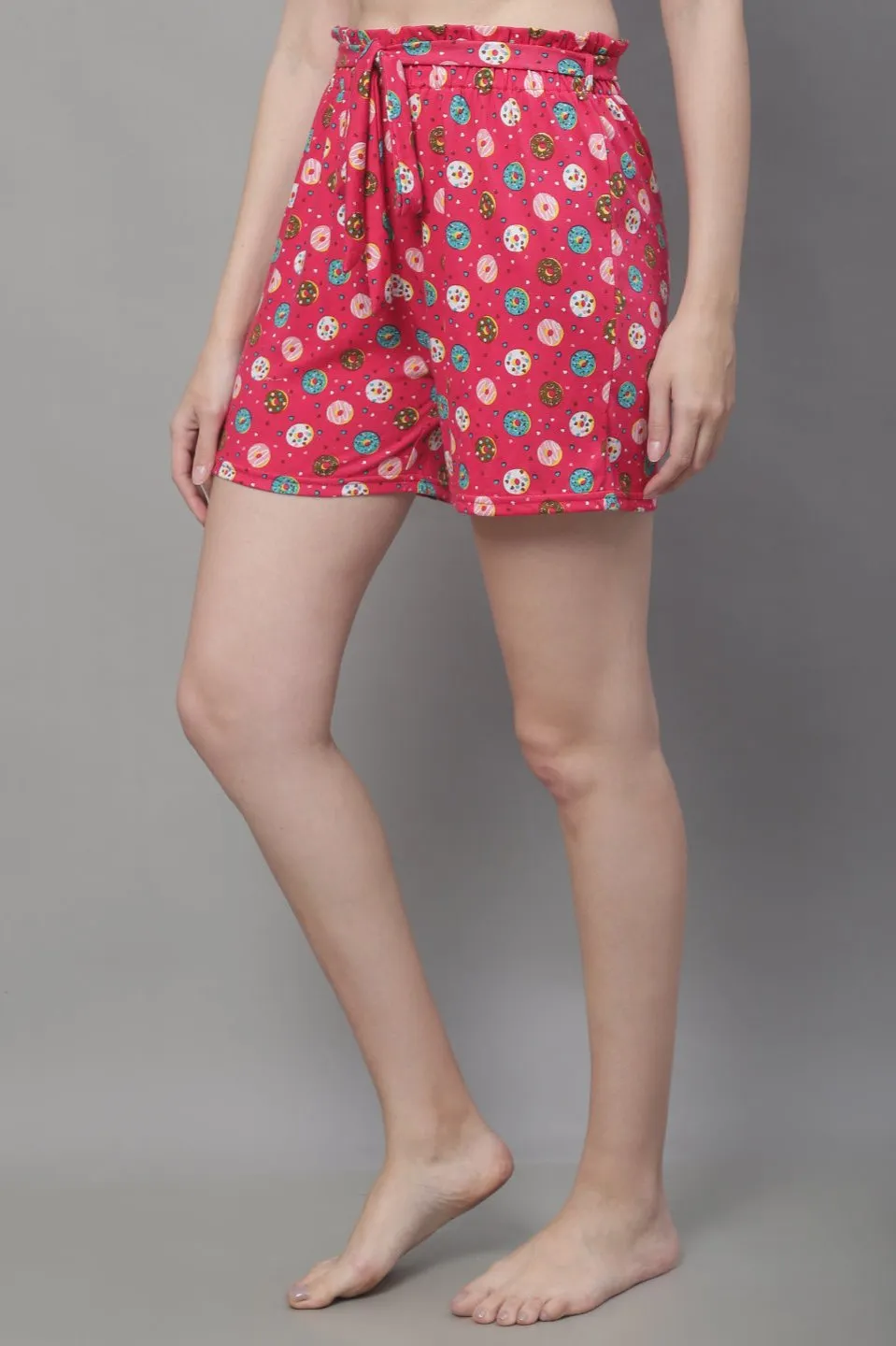 Pink Color Abstract Printed Cotton Lounge Shorts