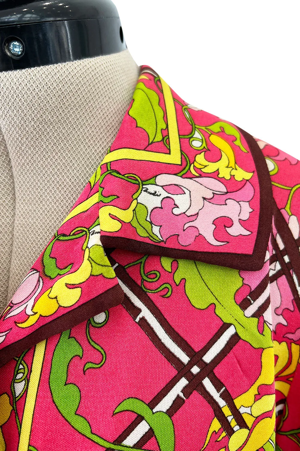 Prettiest 1960s Emilio Pucci Original Pink Silk Jersey Dress w Lattice Flower & Leaf Print