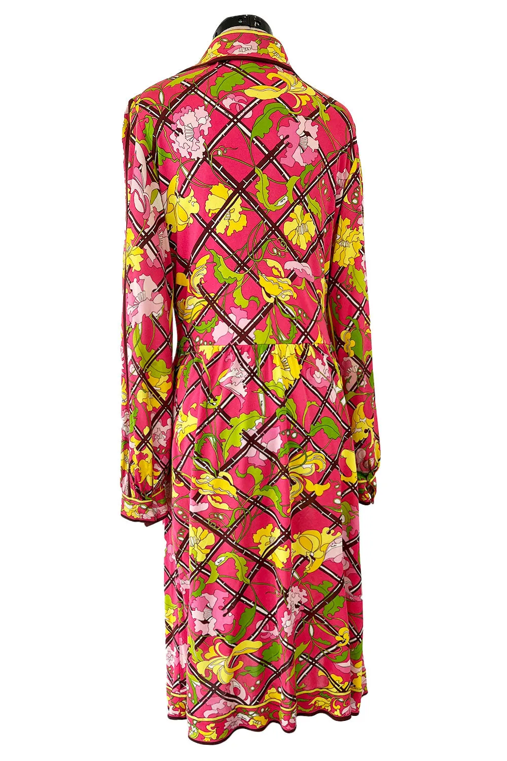 Prettiest 1960s Emilio Pucci Original Pink Silk Jersey Dress w Lattice Flower & Leaf Print