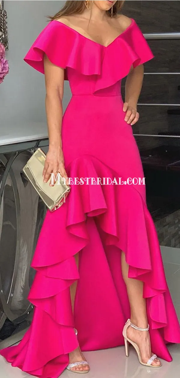 Pretty Off Shoulder V-neck Split Mermaid Long Prom Dresses, PDS0133