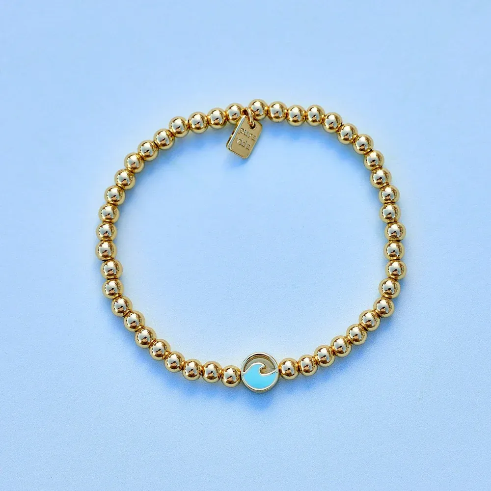 Pura Vida Enamel Wave Ball Bead Stretch Bracelet ~ Gold