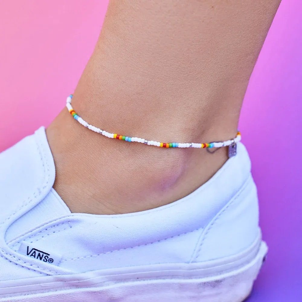 Pura Vida Rainbow Seed Bead Stretch Anklet ~ Silver