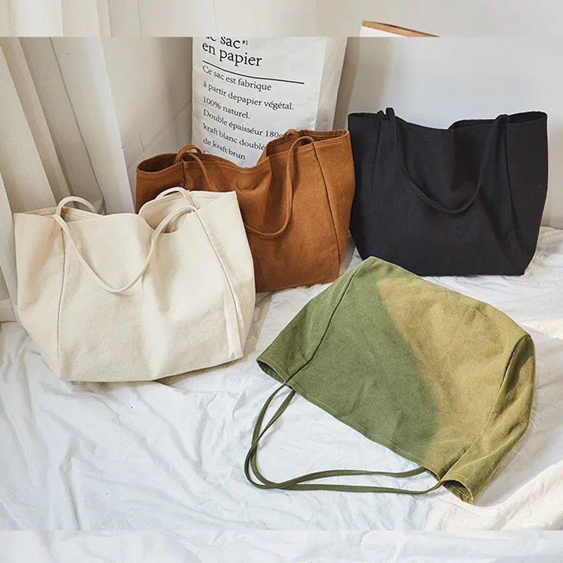 Realaiot Women Big Canvas Shopping Bag Reusable Soild Extra Large Tote Grocery Bag Eco Environmental Shopper Shoulder Bags For Young Girl