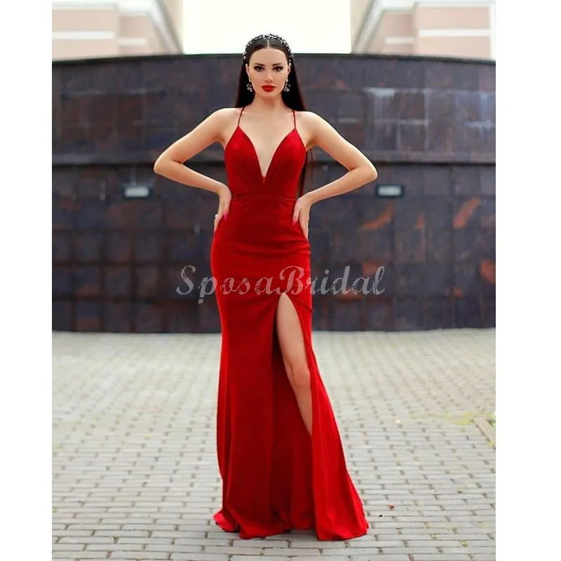 Red Spaghetti Straps Sideslit Mermaid Modest Long Prom Dresses PD1415