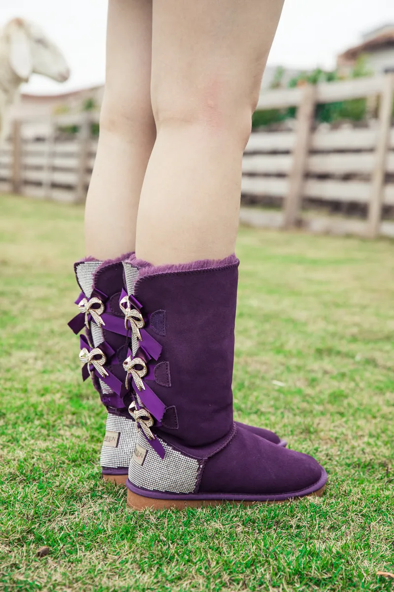 Rhinestone Ribbon Ballet Bow Suede Boots - Purple