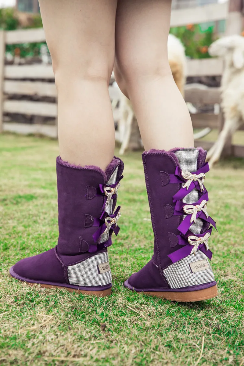 Rhinestone Ribbon Ballet Bow Suede Boots - Purple