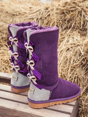 Rhinestone Ribbon Ballet Bow Suede Boots - Purple